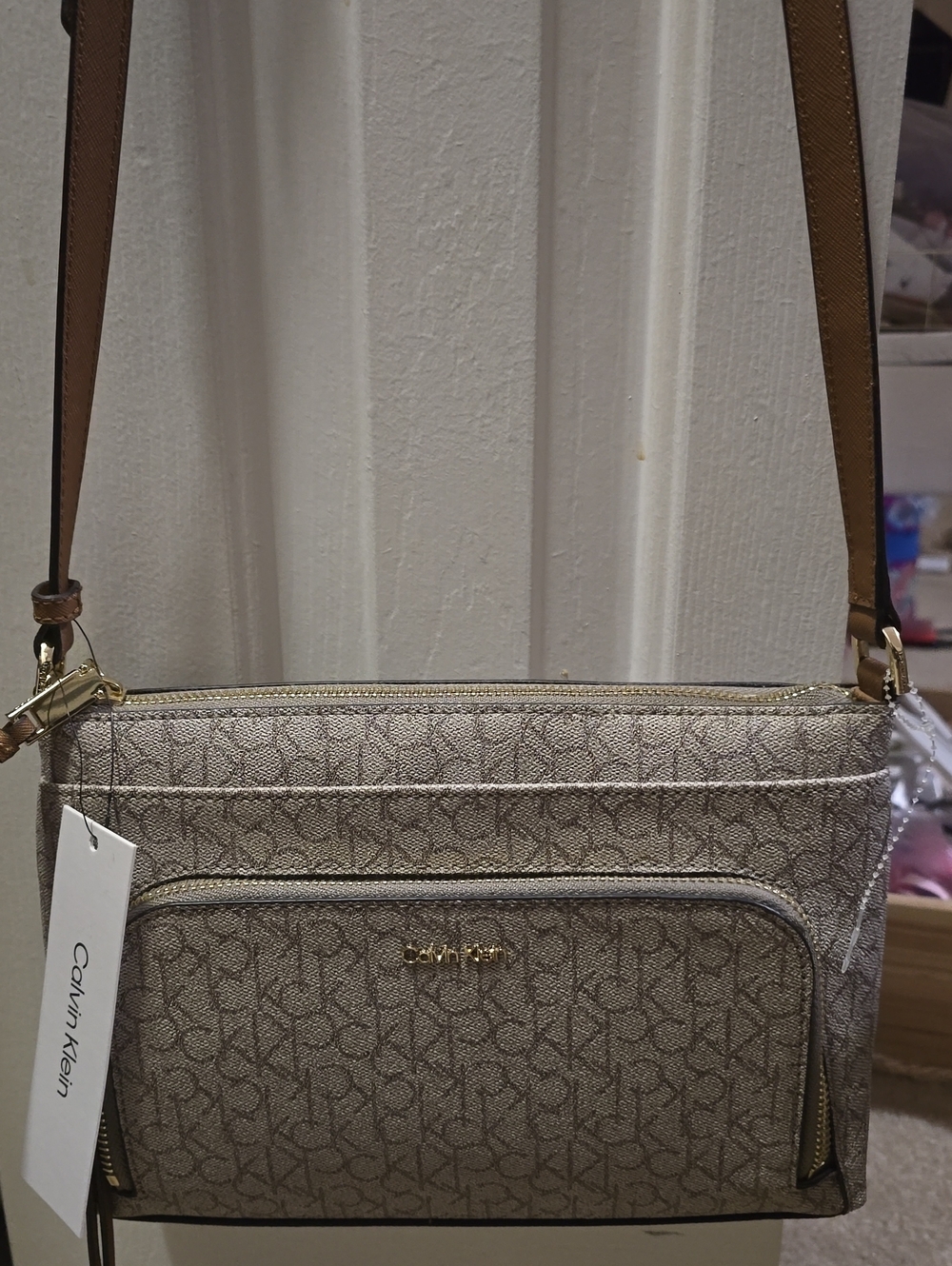 New Calvin Klein Beige Logo Crossbody Bag